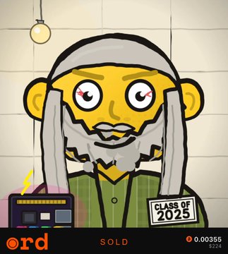 The image shows a cartoon character with yellow skin, white eyes, a beard, and a green plaid shirt wearing a "CLASS OF 2025" tag, alongside a radio, with "SOLD" and "0.00355 $224" text visible. It appears to be a sold NFT listing from the ◉RD marketplace, featuring the Gold KNOT HEAD & CursedPunks collection as mentioned in the post.