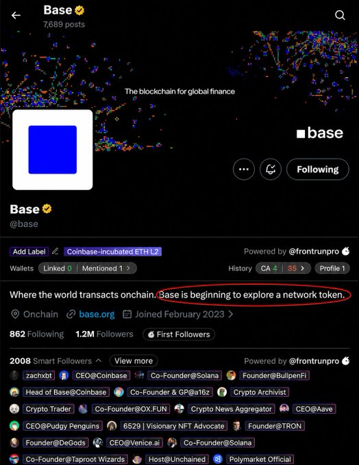 The image shows a social media post with a blue square logo at the top, which has a red circle around it. Below the logo, there are several text boxes containing information about the post. The main focus of the post is that a token called "BASE" is being added to the account. This token is linked to a network called "Coinbase", and it is expected to begin exploring a networked token in February. The post also mentions that the token is backed by "Coinbase".