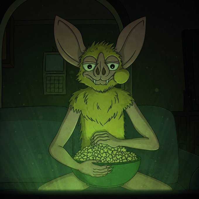 A furry bat-like creature with large ears and a single bulging eye sits on a couch in a dimly lit room, contentedly eating popcorn from a green bowl as it watches television.

The image ties to "a star is forming" by depicting someone casually enjoying what could be a star's rise to fame on TV, mirroring how fans gather to watch a new celebrity emerge.