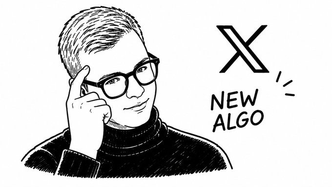 A black-and-white sketch illustration of a person with glasses pointing to their temple, next to the X (Twitter) logo and text reading 'NEW ALGO'.