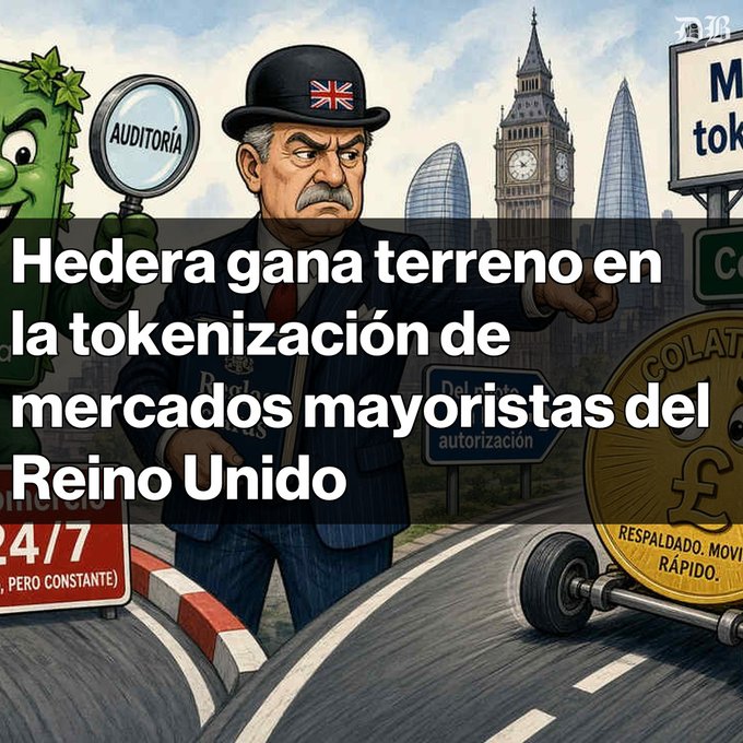 A Spanish-language illustration features a stern man in a bowler hat and pinstripe suit pointing, with text reading 'Hedera gana terreno en la tokenización de mercados mayoristas del Reino Unido' against a backdrop of London landmarks.