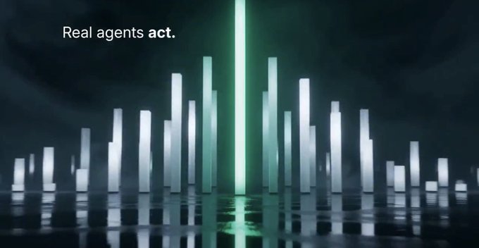 An animated graphic featuring glowing vertical bars resembling an audio equalizer or chart, with the text 'Real agents act.' in the upper left.
