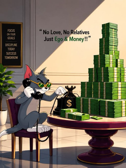 An illustrated cartoon of Tom from Tom & Jerry wearing sunglasses, talking on a phone, and holding a money bag next to a pyramid of cash. Text reads: 'No Love, No Relatives Just Ego & Money!!' and a sign says 'FOCUS ON YOUR GOALS / DISCIPLINE TODAY SUCCESS TOMORROW'