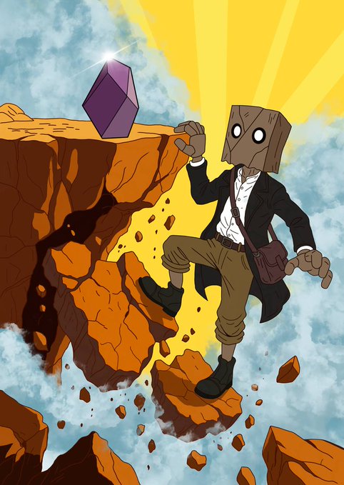 A stylized cartoon illustration of a character wearing a brown paper bag mask, a black coat, and carrying a satchel, walking across crumbling orange cliffs under a bright yellow sun, with a purple crystal floating nearby.