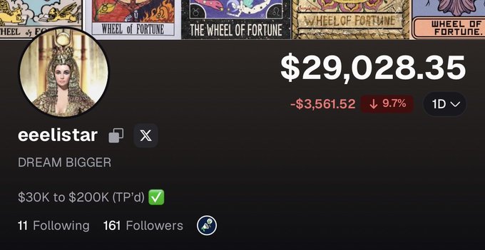 A profile screenshot for the user "eeelistar" on Pumpfun displays a portfolio value of $29,028.35 with a 9.7% decline, alongside their motto "DREAM BIGGER" and a $30K to $200K (TP'd) price target. The post reinforces this by clarifying that this is the user's only active trading profile on the platform.