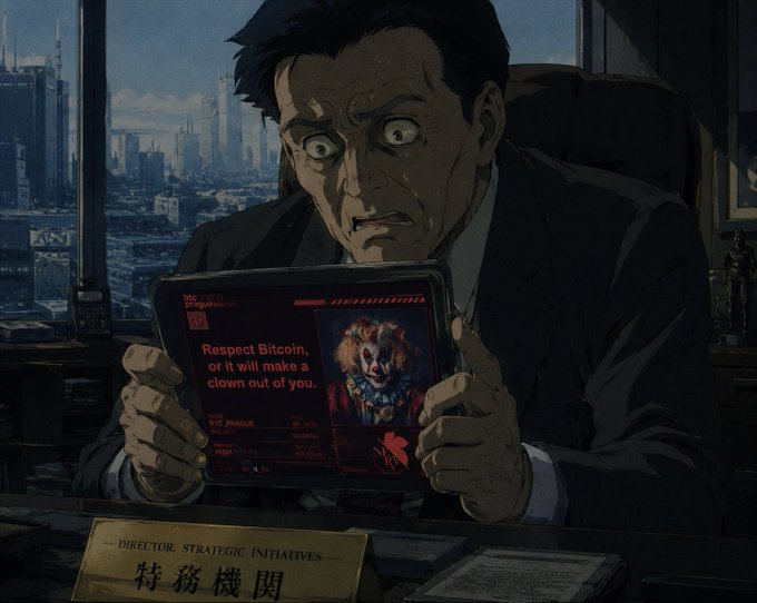 A stressed director holds a tablet warning, “Respect Bitcoin, or it will make a clown out of you,” while his nameplate reads “DIRECTOR, STRATEGIC INITIATIVES” and Chinese characters for a covert agency, indicating a secretive probe into the cryptocurrency.