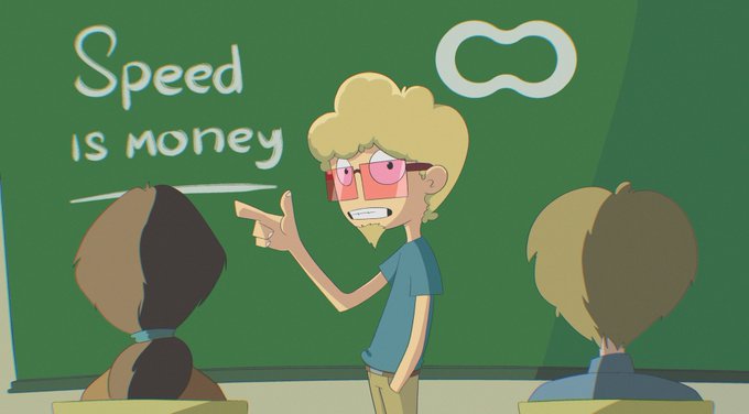 A cartoon illustration of a blonde, bespectacled teacher pointing at a chalkboard that reads 'Speed is money,' with a small infinity symbol floating above, addressing two students whose backs are to the viewer.
