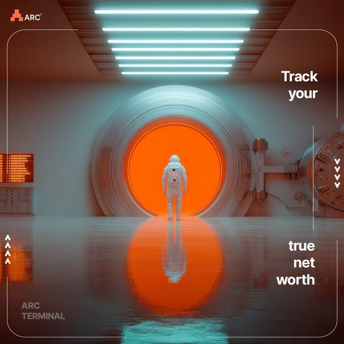 An astronaut stands silhouetted in a glowing orange circular chamber within a futuristic "ARC Terminal" facility, with the tagline "Track your true net worth" displayed on the right. The retro sci-fi aesthetic and reflective floor evoke the idea of exploring uncharted financial territory, mirroring the post's theme of using ANIMA's unified holdings and real-time valuations to gain full visibility into Web3 assets scattered across multiple wallets.