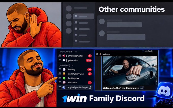 A promotional graphic for '1win Family Discord' features Drake memes and screenshots of Discord community channels.