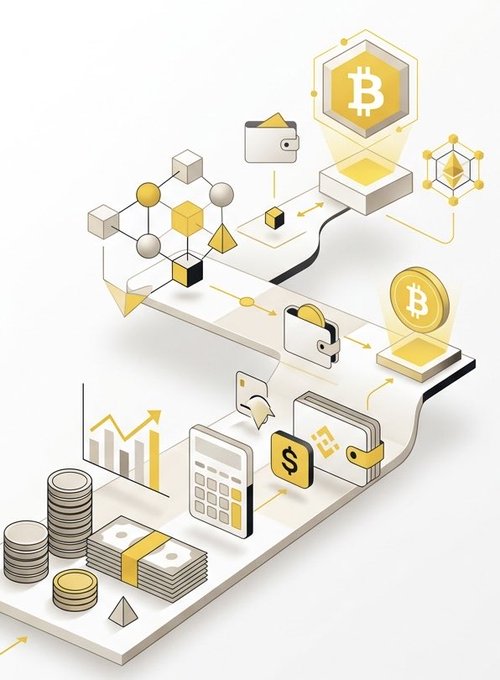 An isometric illustration depicting cryptocurrency and financial transactions, featuring Bitcoin logos, digital wallets, coins, cash, a calculator, and blockchain-style network graphics.
