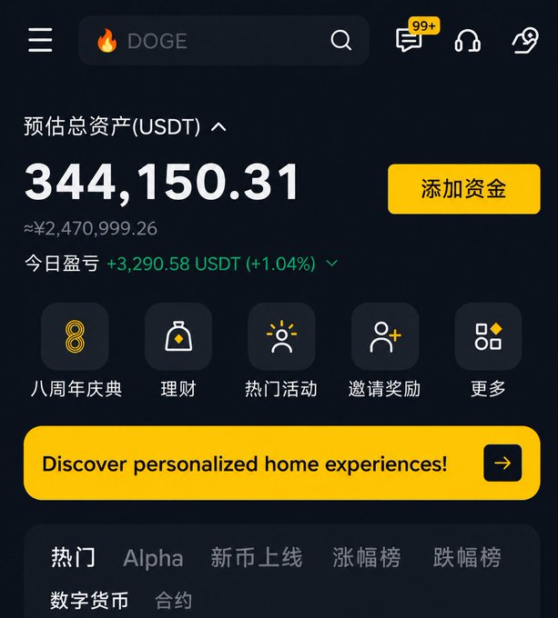 A cryptocurrency trading app dashboard shows an estimated total asset value of 344,150.31 USDT (approximately ¥2,470,999.26), with a daily gain of +3,290.58 USDT (+1.04%). The DOGE search bar and positive daily return visually support the post's message about holding onto crypto investments rather than cashing out too early at small gains.