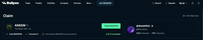 A screenshot of Bullpen's "Claim" page showing an ANSEM token reward (2 of 3 complete) with tasks to hold $ANSEM, connect X, and post about $ANSEM, alongside a @World1010x Twitter profile with 3.2K followers. The image relates to the post about sending tokens to the wrong address on the same network, though the Bullpen claim interface shown is unrelated to the wallet confusion described.