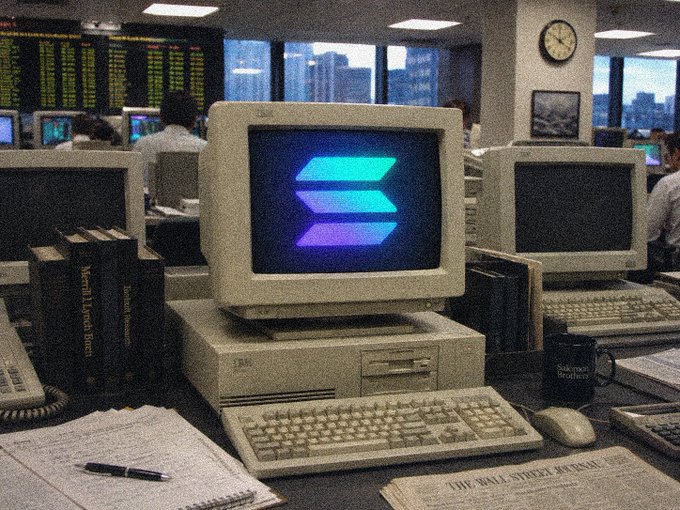A nostalgic scene of a vintage beige desktop computer displaying a blue and purple logo on its CRT monitor, sitting on a desk with a Wall Street Journal newspaper, mouse, and keyboard in an office environment.
