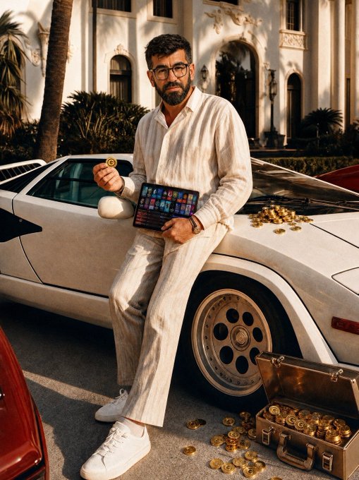 A well-dressed man in white attire leans against a white Lamborghini while holding a tablet displaying trading charts and a gold coin, with scattered gold coins and a briefcase of gold beside him—visually symbolizing the wealth-building and trading opportunities promoted in the Playnance/G Coin expansion post.