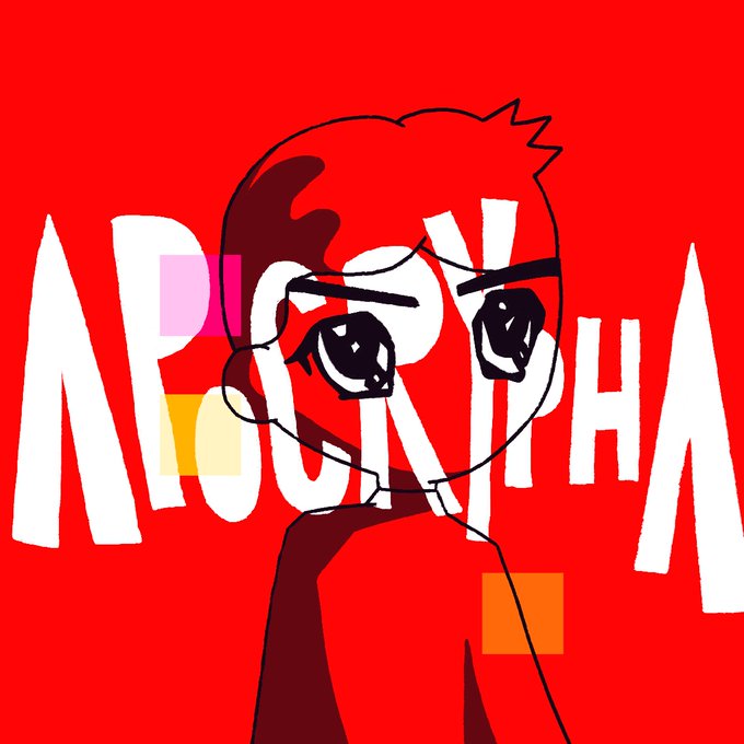 Red background featuring a crudely drawn anime-style character with large sad eyes, overlaid with the white graffiti text 'APORPHA' and small colored squares.