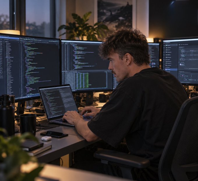 A man works on a laptop with code displayed on the screen, surrounded by multiple monitors showing programming code in a dimly lit room.