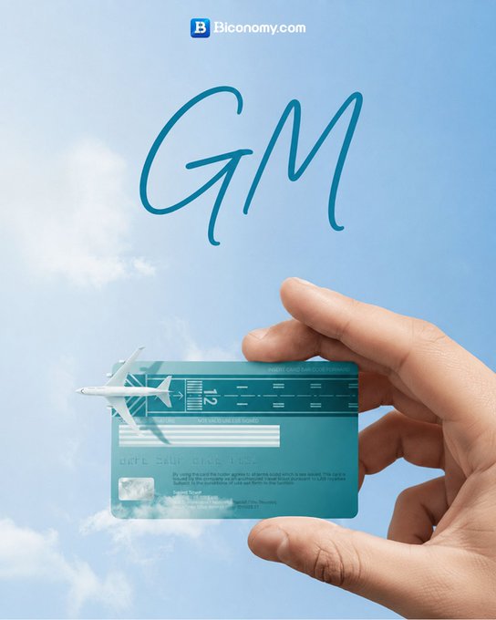 The image features a hand holding up a credit card with the words "GM" written on it, which stands for General Motors. The caption below the image reads "GM New day. New destination. New possibilities. Where are you flying today? #GM". This suggests that the person is likely discussing or showing off their GM credit card to someone else.