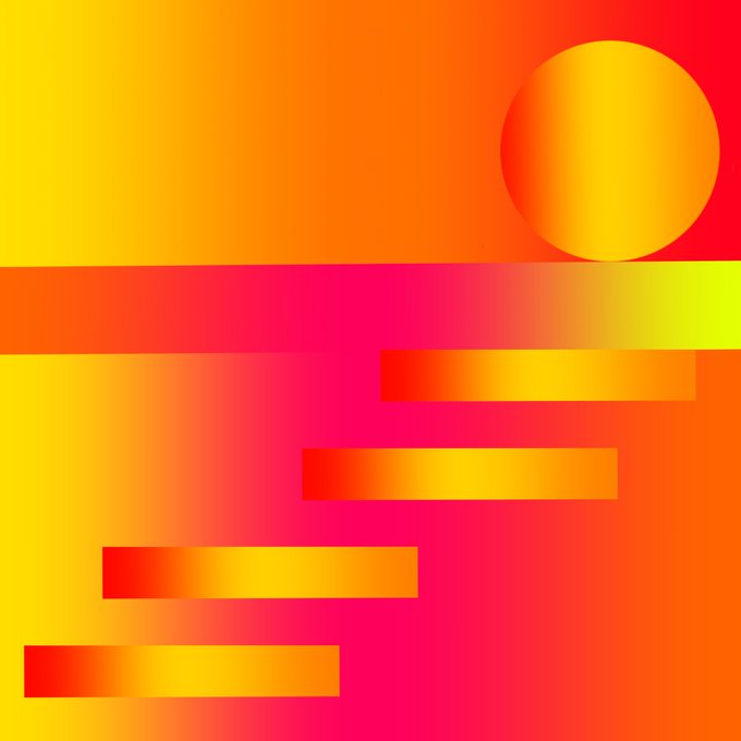 An abstract digital graphic featuring a gradient of yellow, orange, and red with a solid yellow circle in the upper right and several horizontal rectangular bars cascading downwards.