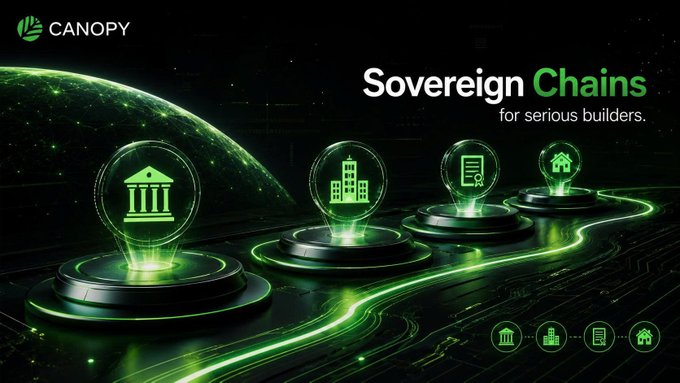A promotional graphic for Canopy featuring the headline 'Sovereign Chains for serious builders,' with four glowing green icons (a bank, office building, document, and house) displayed on circular platforms connected by light trails against a dark space backdrop.