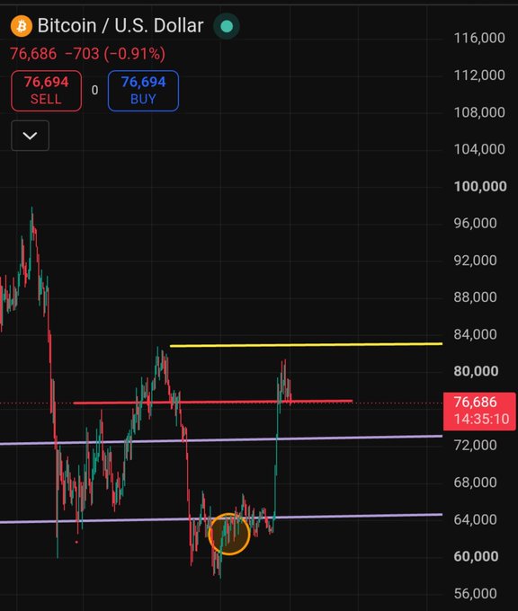 A Bitcoin/USD price chart showing BTC trading at $76,686, down 0.91% (-$703), with the recent price action circled in orange highlighting a sharp recovery rally from the ~$60,000 lows toward the $76,000 resistance level, supporting the post's excited reaction to Bitcoin's strong bounce.