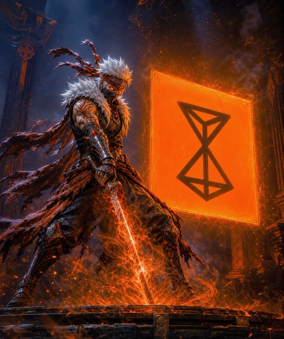 A masked warrior wields a flame-engulfed sword beside a glowing orange sigil featuring an hourglass-like geometric symbol, evoking the adversarial nature of public mempools where builders face hidden searchers. The image's fiery imagery and the depicted "linked 3D mesh" symbol mirror the post's vision of @RetiumChain replacing transparent mempool vulnerabilities with a private, structured transaction routing network.