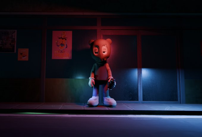 A character in a bear mask hoodie stands on a city sidewalk at night illuminated by red and blue lights, holding what appears to be a gaming controller.