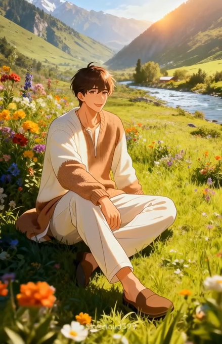 An anime-style illustration of a young man in a beige cardigan and white pants sitting in a flower-filled meadow with mountains and a river in the background at sunset.