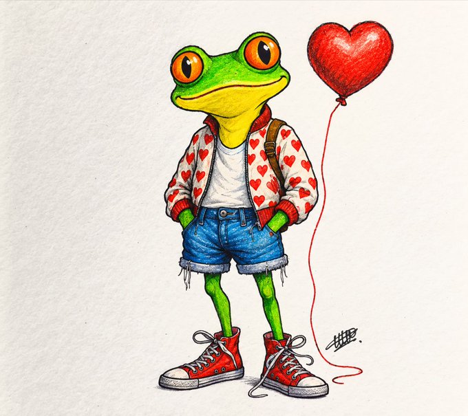 A whimsical colored pencil illustration of an anthropomorphic green frog wearing a heart-patterned bomber jacket, denim shorts, and red sneakers, holding a red heart-shaped balloon.