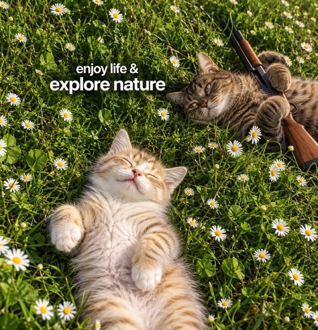 Two cats relaxing in a grassy field with daisies, with text overlay reading 'enjoy life & explore nature'.