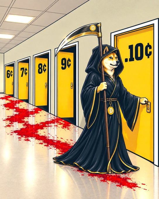 An illustration of an anthropomorphic Shiba Inu dressed as the Grim Reaper in a black hooded robe, holding a scythe, standing in a hallway with yellow doors labeled 6¢, 7¢, 8¢, 9¢, and .10¢, with a trail of red on the floor.