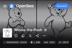 The image shows an OpenSea NFT listing for "Winnie-the-Pooh" by cartoonals on the Robinhood Chain, priced at 1,000 with 1% creator fees and an August 2026 auction, matching the post's announcement of an upcoming airdrop for this collection.