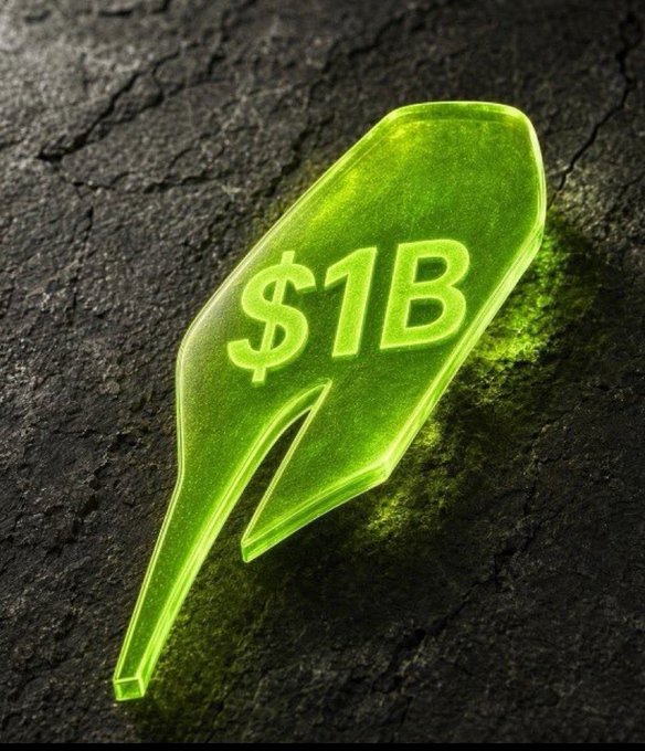 A glowing green 3D text graphic reading "$1B" sits against a dark, rocky texture.