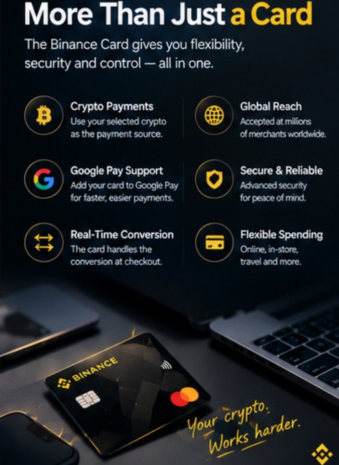 The image is a promotional graphic titled "More Than Just a Card," highlighting the Binance Card's features including Crypto Payments, Global Reach, Google Pay Support, Secure & Reliable functionality, Real-Time Conversion, and Flexible Spending for online, in-store, and travel purchases. It visually reinforces the post's message by simplifying crypto spending—showing how Binance bridges everyday purchases with crypto, making the concept accessible to non-crypto users by emphasizing practicality over technical jargon.