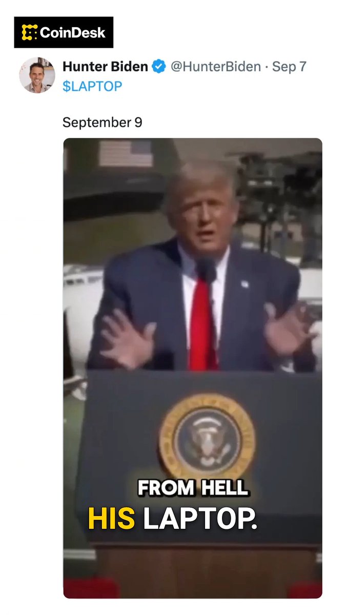 A CoinDesk tweet features a screenshot of Hunter Biden's verified X post reading "$LAPTOP" dated Sep 7, alongside a video of Donald Trump at a podium with the caption "FROM HELL HIS LAPTOP." The image relates to the accompanying post about Hunter Biden's $LAPTOP memecoin launch, which surged to a $9 billion market cap before crashing over 90% within its first hour, referencing the politically charged "laptop from hell" narrative surrounding Hunter Biden.