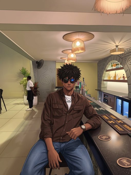 An anime-style illustration shows a young man with spiky black hair and blue-tinted sunglasses sitting at a bar counter, with another person in white standing in the background.