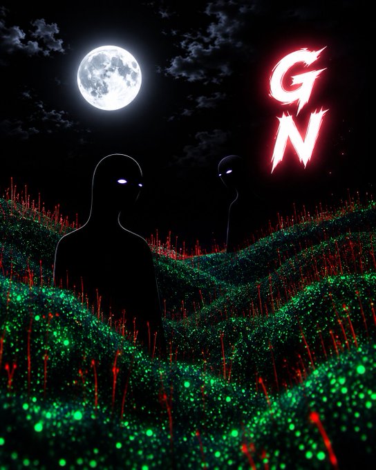 Two shadowy alien-like figures with glowing eyes stand in a dark, otherworldly landscape of green and red spikes beneath a full moon, accompanied by the illuminated red "GN" (Good Night) text in the sky—reinforcing the post's nighttime farewell while the surreal imagery mirrors the intriguing, "out of this world" appeal of the EthraShip × NucleusCodes campaign bridging crypto with tangible real-world trade.