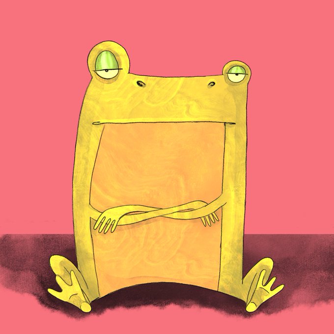 A whimsical illustration of a yellow frog-like creature with droopy eyes sitting against a bright pink background, holding its arms crossed over an orange belly area.