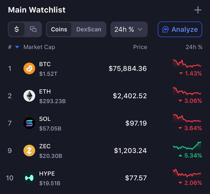 A crypto watchlist interface showing market caps and 24-hour price changes for BTC ($75,884.36, -1.43%), ETH ($2,402.52, -3.06%), SOL ($97.19, -3.64%), ZEC ($1,203.24, +5.34%), and HYPE ($77.57, -2.06%).