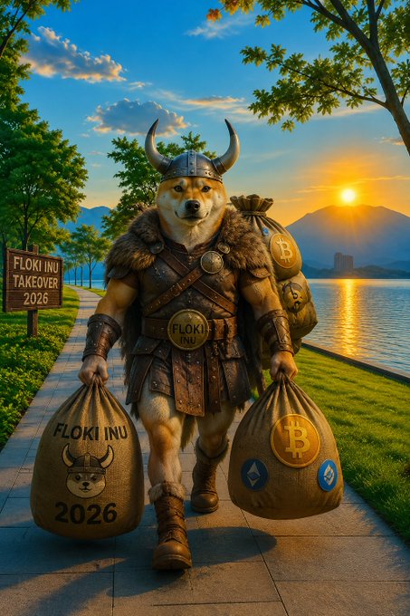 A digital illustration of a Shiba Inu dressed as a Viking warrior carrying bags of money labeled with Bitcoin and Ethereum logos, with a sign reading 'FLOKI INU TAKEOVER 2026' beside a lakeside path at sunset.