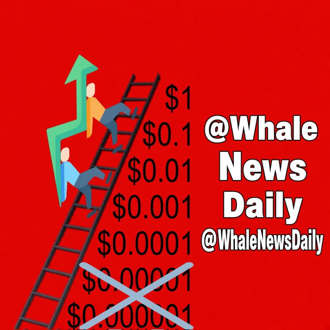 A graphic with a red background shows two figures climbing a ladder with a green upward arrow and a red downward arrow, alongside price points from $1 down to crossed-out small fractions, labeled '@Whale News Daily @WhaleNewsDaily'.