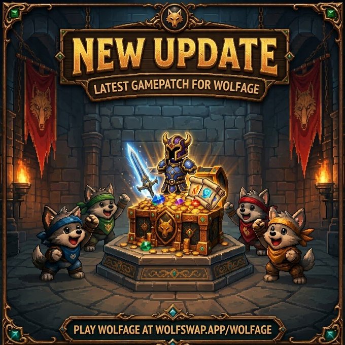 A promotional poster for 'NEW UPDATE' featuring a wolf warrior, treasure chest, and wolf cubs in a dungeon setting, advertising 'PLAY WOLFAGE AT WOLFSWAP.APP/WOLFAGE'.