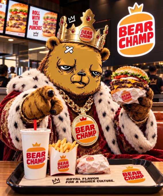 The image shows a mascot bear wearing a crown, gold chain, and royal robe, pointing at the viewer while holding a "BEAR CHAMP" branded burger, with a tray of fries, a drink, and a wrapped burger—also branded "BEAR CHAMP"—displayed in front. Bold "BEAR CHAMP" signage and posters with text like "ROLL WITH THE PUNCHES" and "ROYAL FLAVOR FOR A HIGHER CULTURE" fill the background, reinforcing a mock-fast-food royalty parody that matches the "RWTP" (Richard Will So?) post's taunt about being a sellout burger mascot.