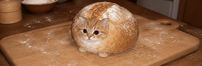 Whimsical AI-generated image of a round, bread-loaf-shaped orange cat sitting on a wooden cutting board dusted with flour.