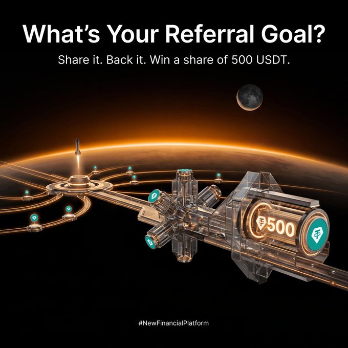 The image presents an advertisement with an overlay of a planet set against black. The title of the advertisement reads "What's Your Referral Goal? Share It, Back It, Win a share of 500 USDT". There are two other overlays in the image - one that says "What's your referral goal?" and another that is a picture of a shuttle landing on earth with a green diamond logo.