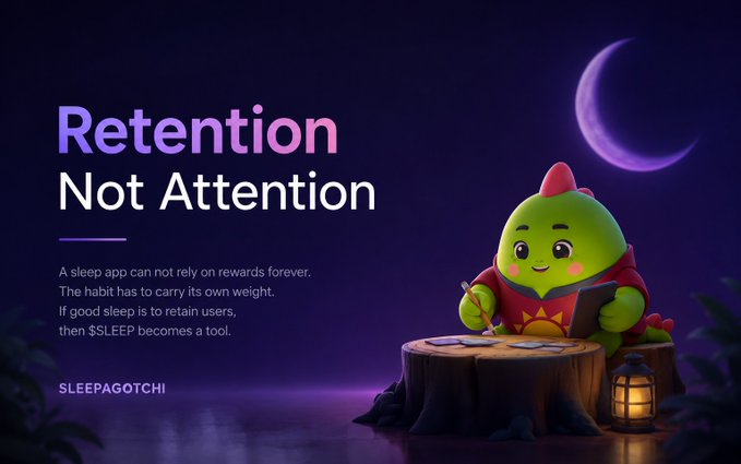 The image features a green cartoon character sitting at a table with a lantern next to them. The text "Retention Not Attention" is written above the character's head. This suggests that the image might be related to an advertisement or promotional material for a sleep app, as it emphasizes the importance of not being distracted by other apps and focusing on one's own sleep habits.