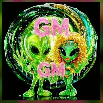 The image features a cartoon illustration of two green alien characters, one with pink eyes and the other with blue eyes, standing next to each other against a black background. The text "GM" is written above them, while "GN" is below them. The illustration also includes a small girl character in yellow hair who appears to be dripping with green liquid.