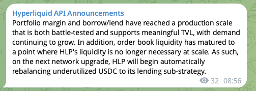 Telegram message titled 'Hyperliquid API Announcements' stating that portfolio margin/borrow/lend has reached production scale with mature order book liquidity, and HLP will begin automatically rebalancing underutilized USDC.