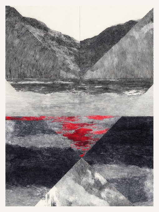 A black-and-white collage-style artwork depicting mountains and water, accented with a striking red geometric shape.
