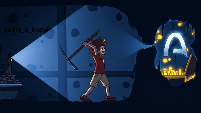 A cartoon illustration depicts a boy holding a pickaxe mining what appears to be a glowing Aptos (APT) cryptocurrency logo, with a cat sitting nearby.