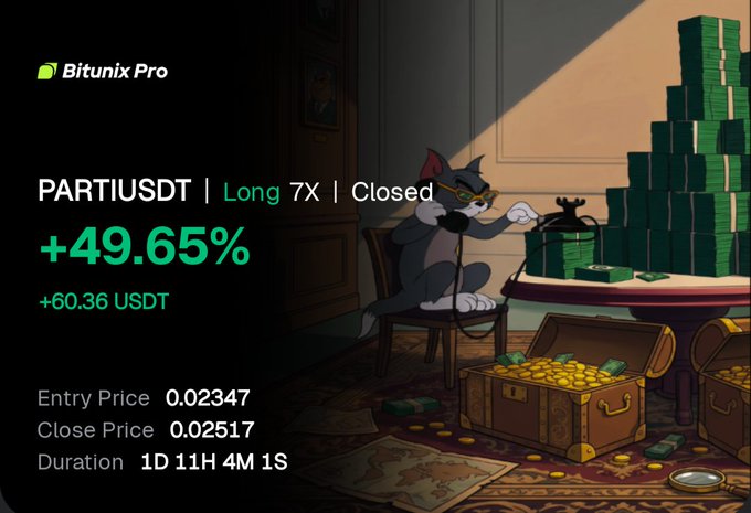 A Bitunix Pro trading results card showing a 'Long' position on PARTIUSDT with 7X leverage that closed at +49.65% profit, equaling +60.36 USDT over a duration of 1D 11H 4M 1S, accompanied by Tom and Jerry artwork.